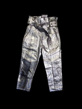 Marissa Webb Leather Metallic Silver Belted Trousers High Waist Pants Cuffed, 4
